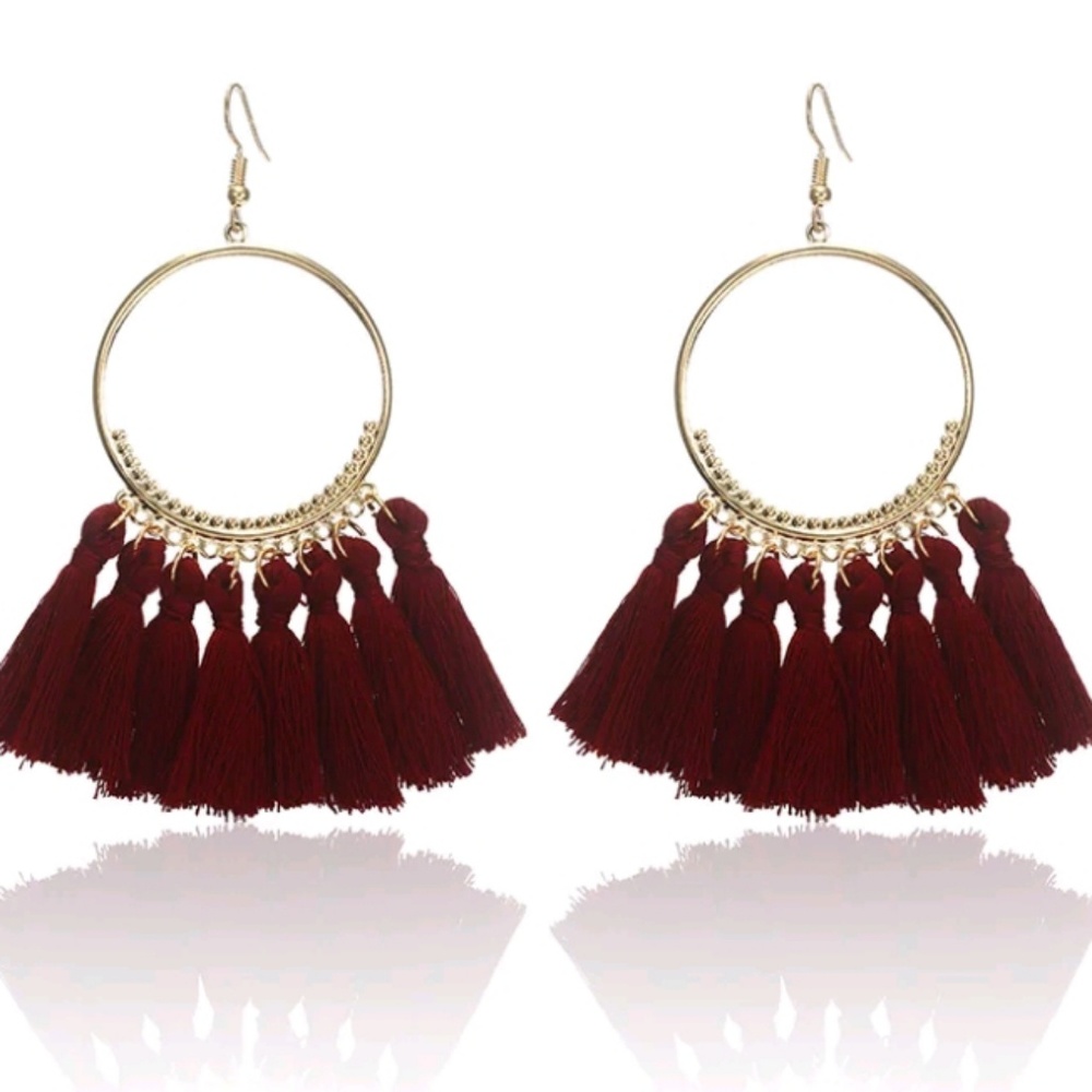 Tassel Earrings Round Hoop Red Wine Color